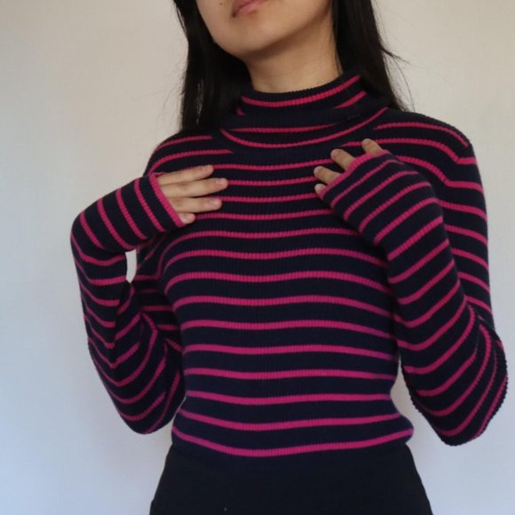 Ralph Lauren magenta/fuchsia and navy striped ribbed turtleneck - Picture 1 of 4